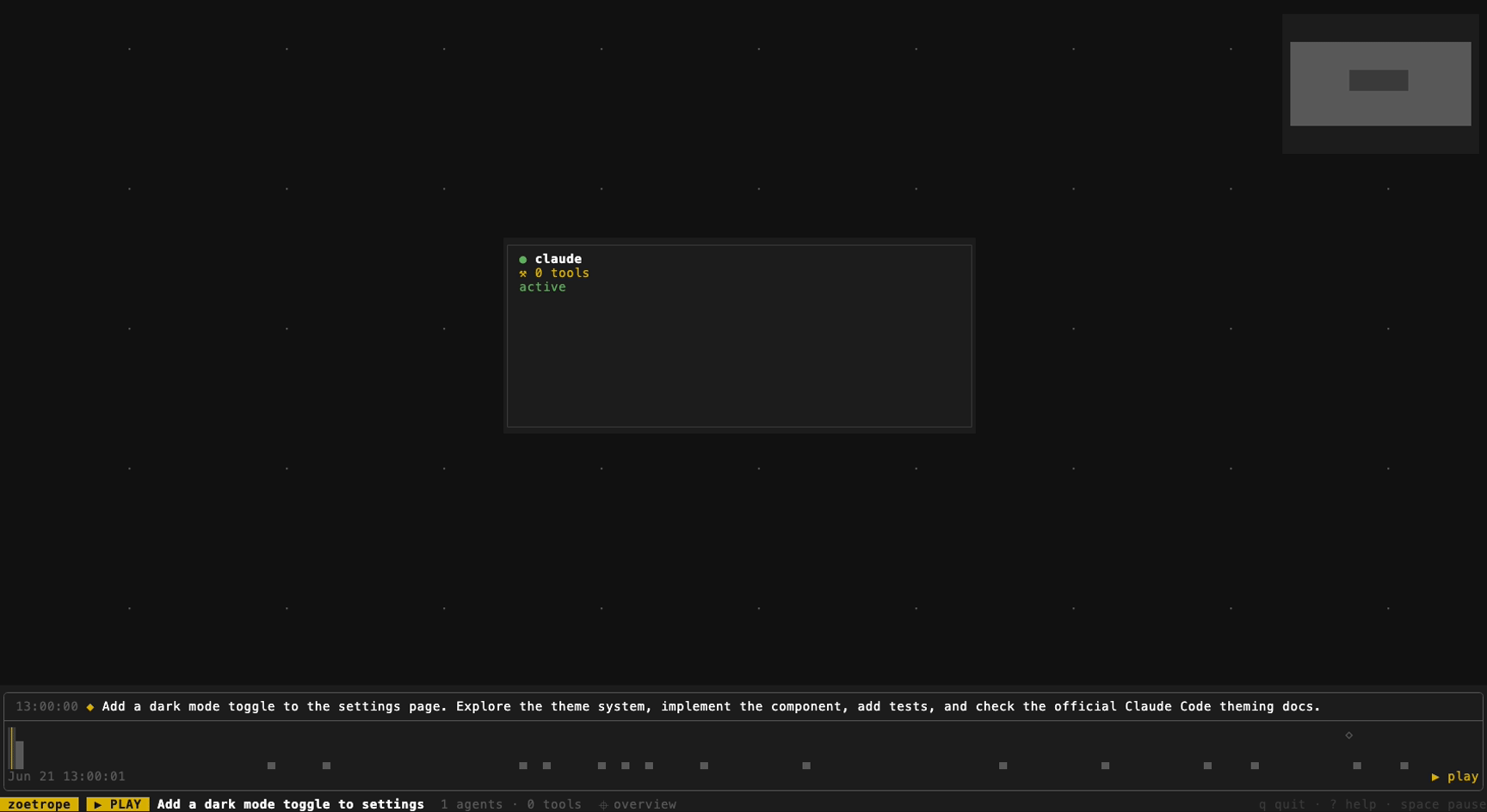 zoetrope replaying a Claude Code session as a flow graph