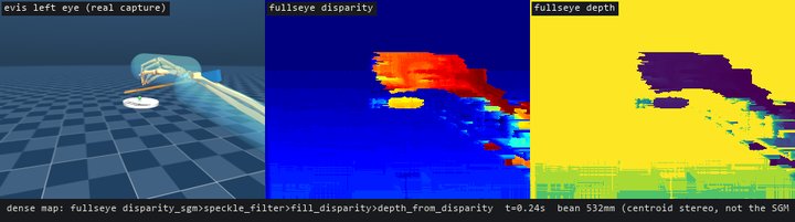 evis's binocular captures with Fullseye's disparity_sgm → depth_from_disparity applied every frame (click to play mp4)