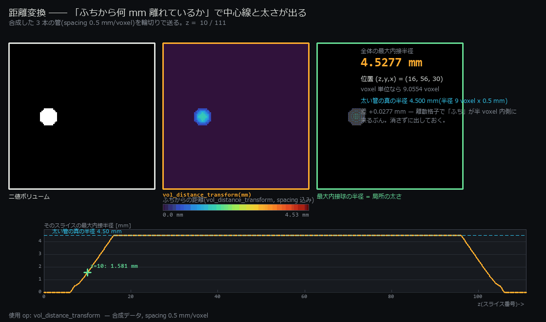 距離変換で局所の太さを測る(最大内接半径 4.528 mm)