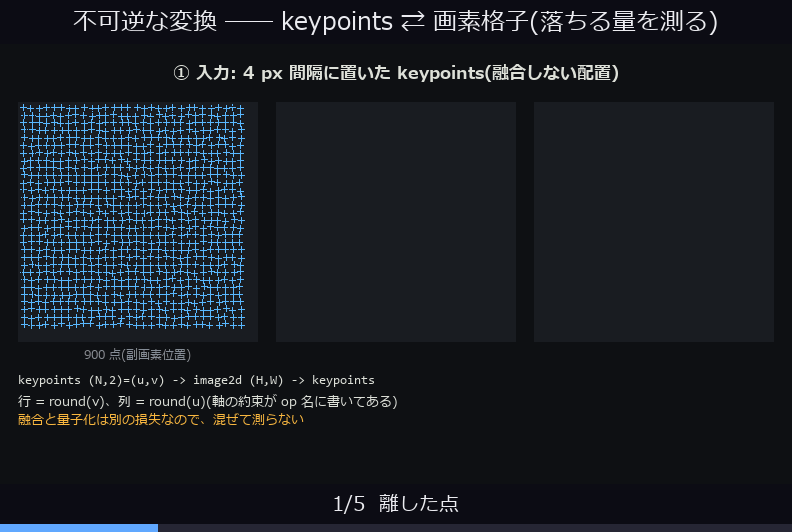 不可逆な変換 ―― keypoints ⇄ 画素格子(落ちる量を測る)