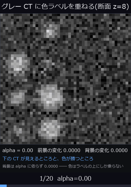 元の CT に色ラベルを重ねる ―― α を掃引する