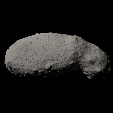 The real shape model of asteroid Itokawa (49,152 facets, nothing decimated) on a turntable in a physically based custom renderer — Hapke BRDF, hard 0.53-deg-sun ray-cast shadows, zero ambient, band-limited relief and angular boulders (all hand-written in numpy)