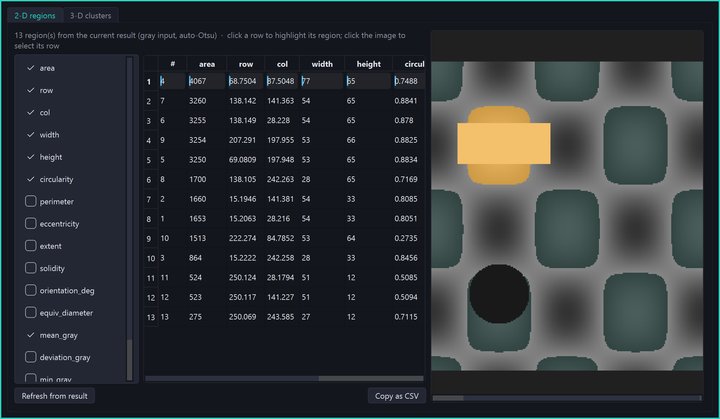 Feature Inspection — bidirectional region-and-feature-table navigation