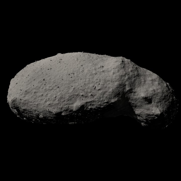 The same Itokawa shape model (49,152 facets) rendered physically: Hapke BRDF, hard 0.53-deg-sun ray-cast shadows, zero ambient, fBm relief + power-law (D^-3.1) boulders (click for full size)