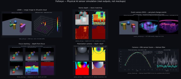Physical AI sensor-simulation montage (pseudo-LiDAR / stereo depth / event-camera DVS / focus stacking / polarization camera / camera+IMU fusion) — click for full size
