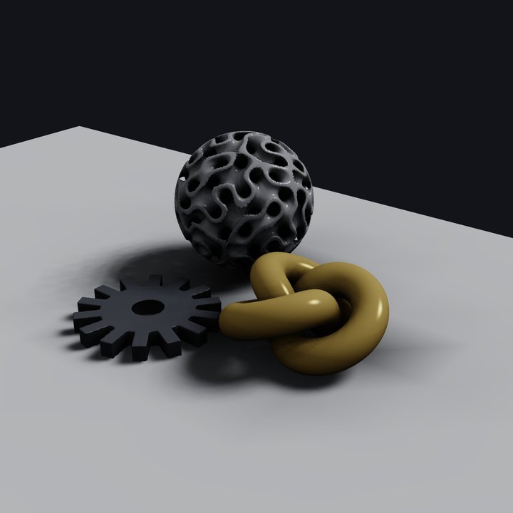 Output from Fullseye's custom renderer: an SDF/CSG still life (gyroid lattice sphere, trefoil knot, gear; AO + soft shadows + ACES, SDF-gradient normals, vertex colours) — click for full size