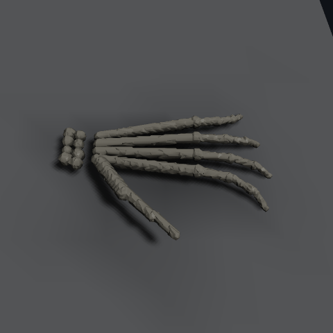 A procedural hand skeleton, voxelized → marching_cubes → spun on a museum-specimen-style turntable with a bone-colored material (laid palm-up)