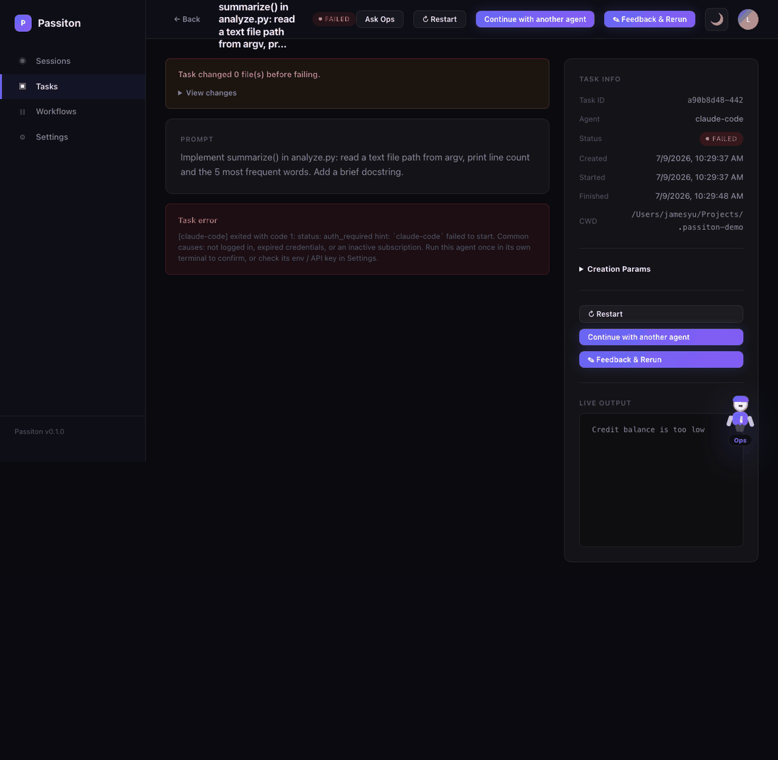 Agent handoff demo: a task fails on one agent and is continued by another, which verifies the workspace and finishes only the remaining work