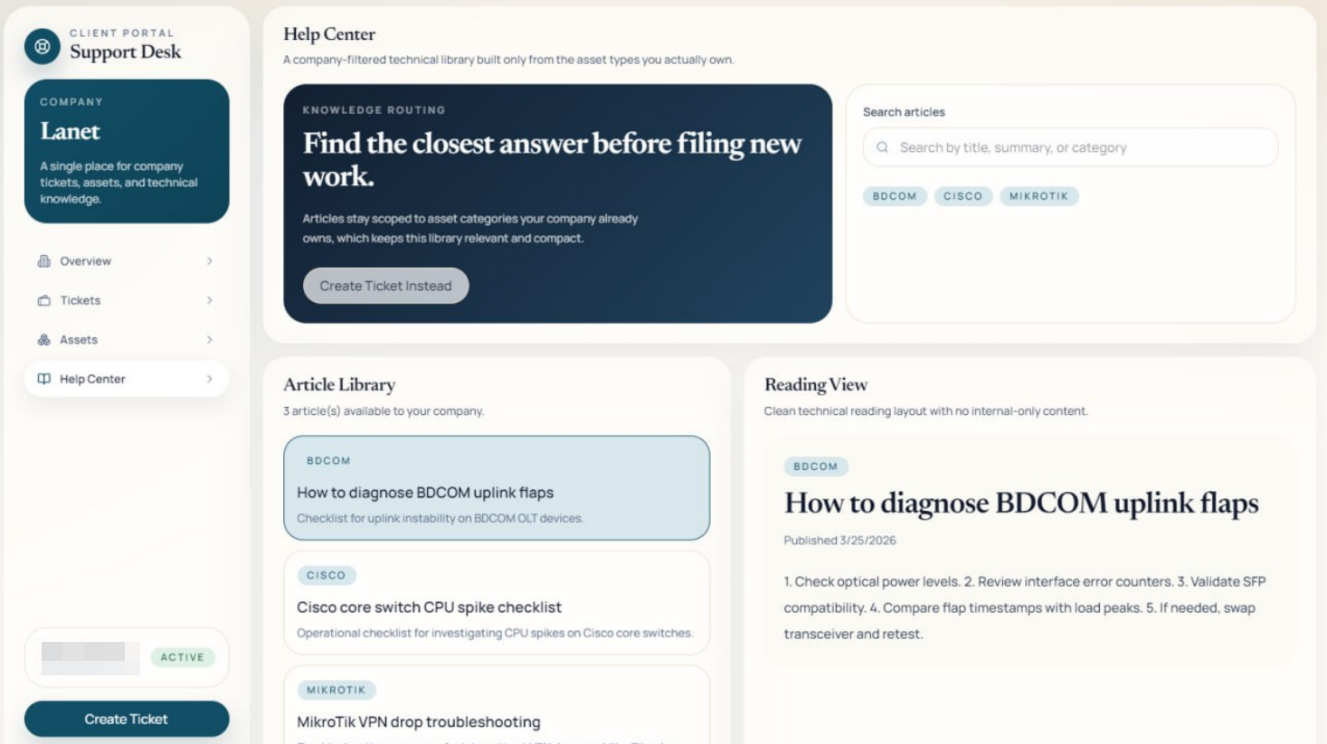 Support desk and knowledge-base portal built with FuseBase Flow