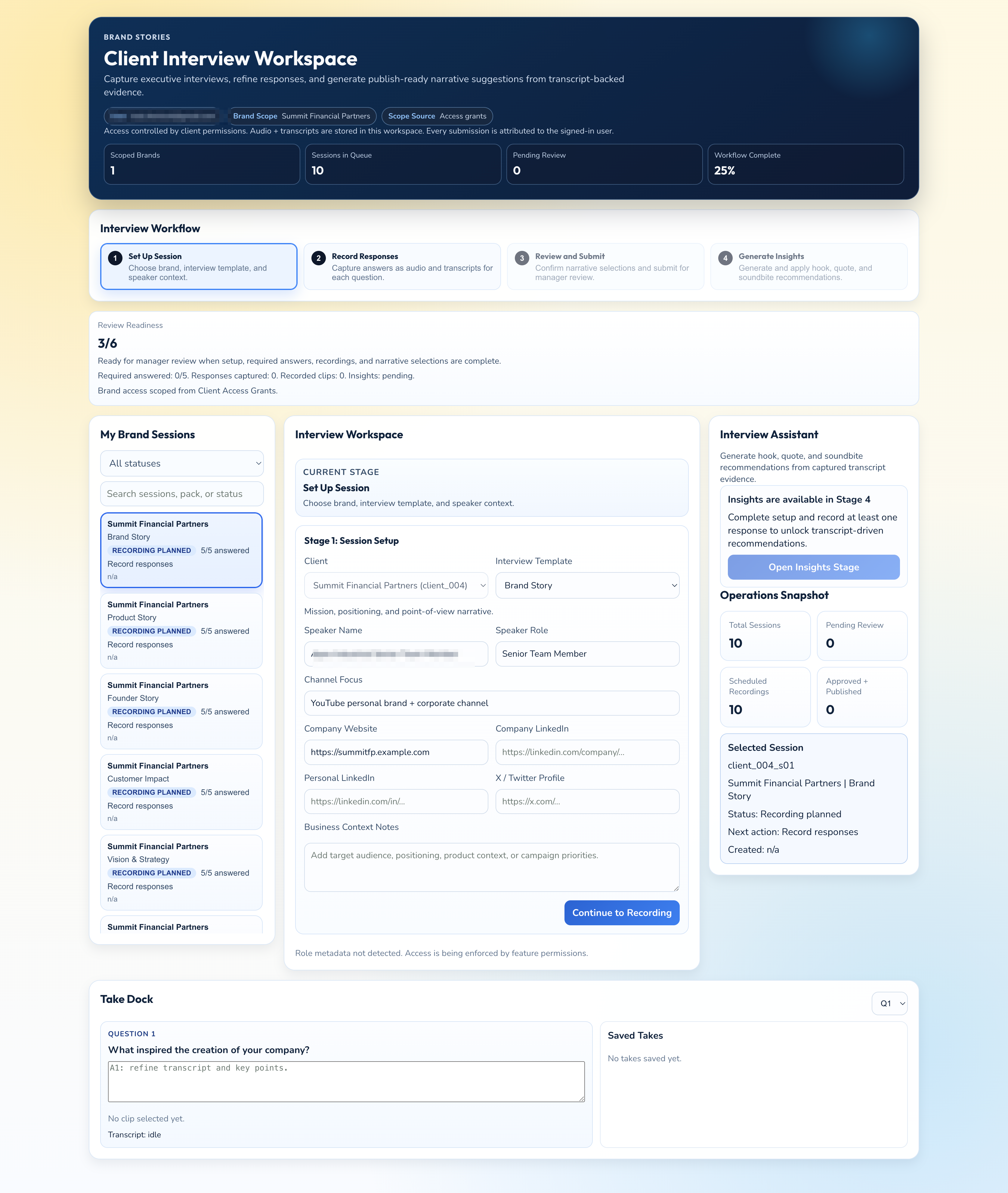 Client interview workspace built with FuseBase Flow