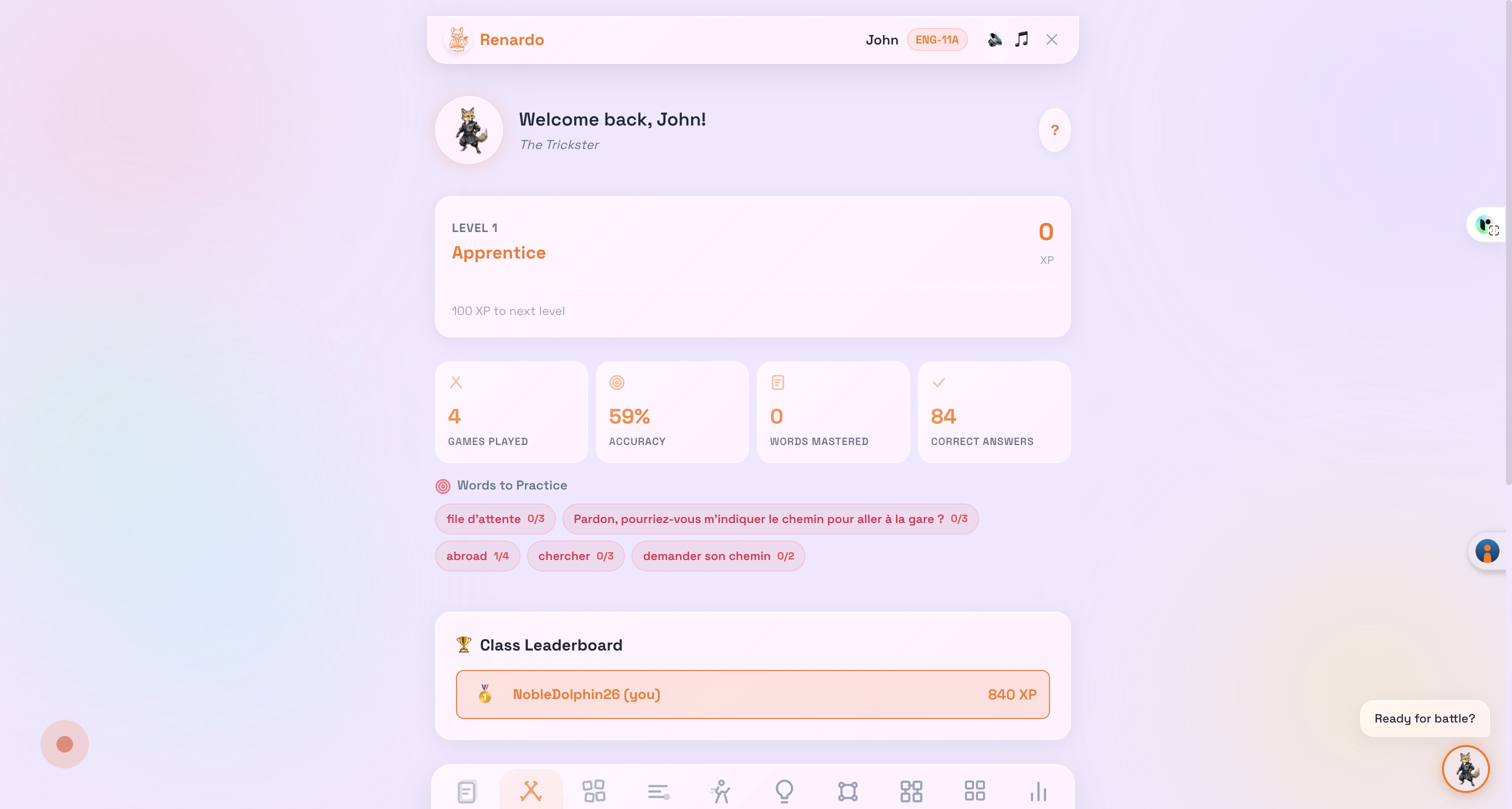 Gamified language-learning app built with FuseBase Flow
