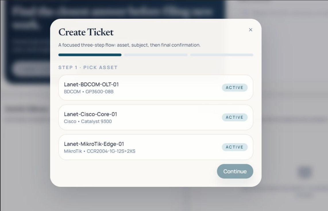 Asset support ticketing app built with FuseBase Flow