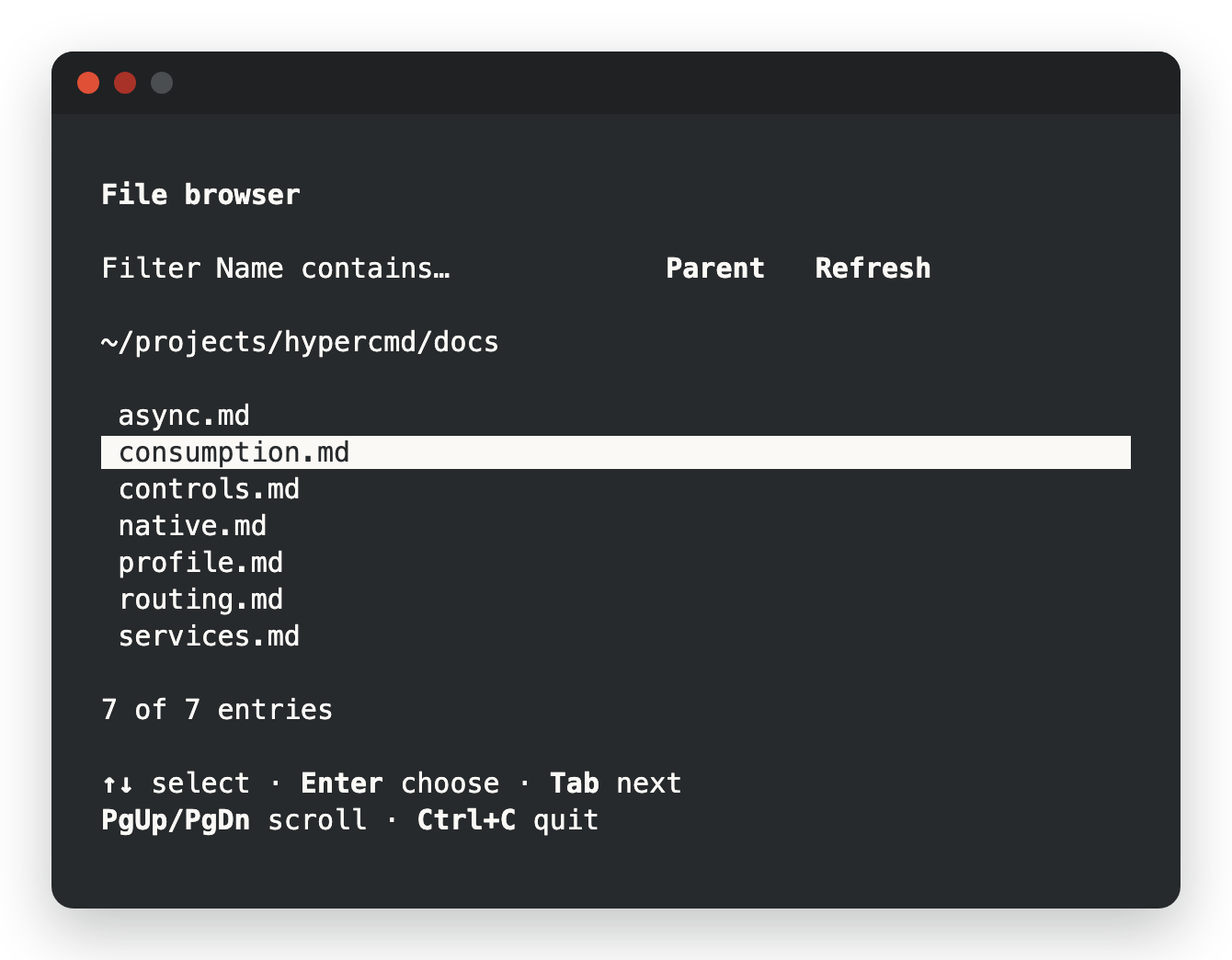 The file browser example running in a terminal