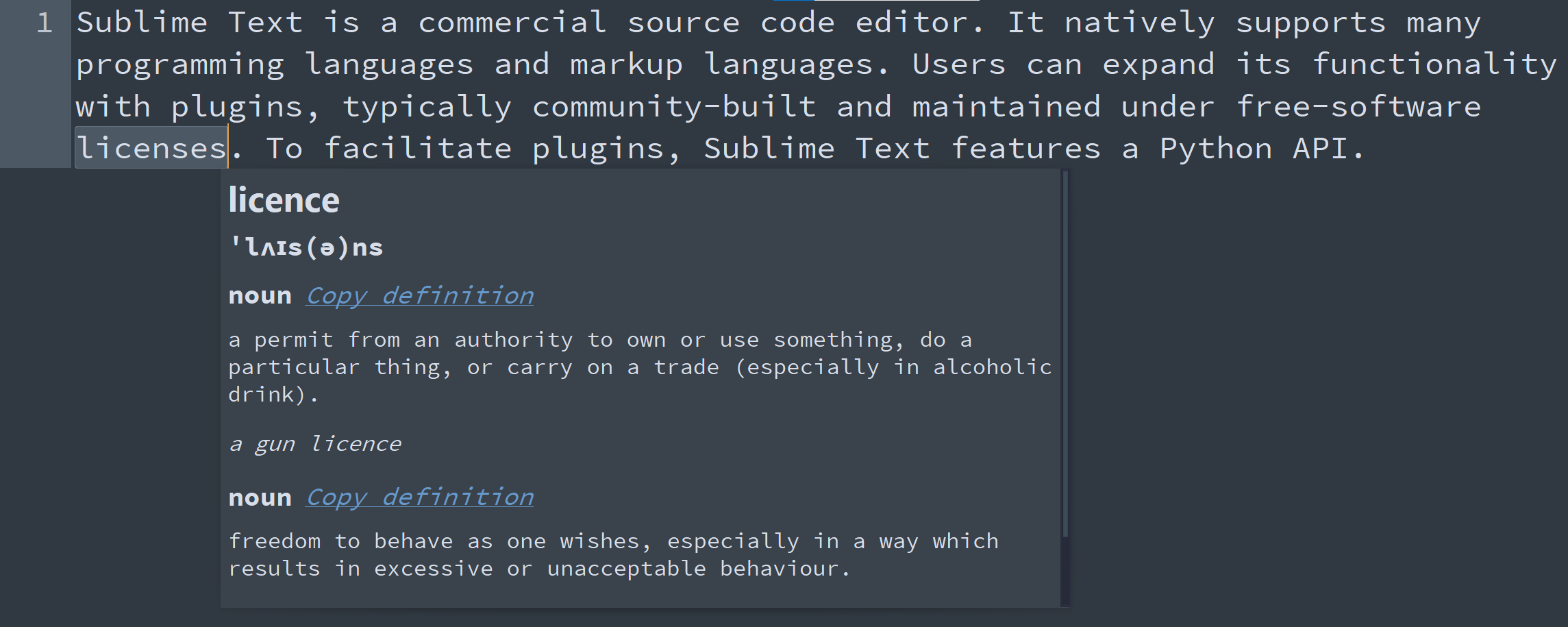 Dictionary in dark color scheme