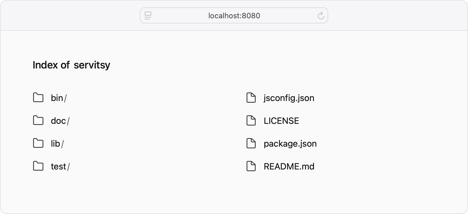 Web browser screenshot of a directory listing for the servitsy source code, served by servitsy on localhost:8080