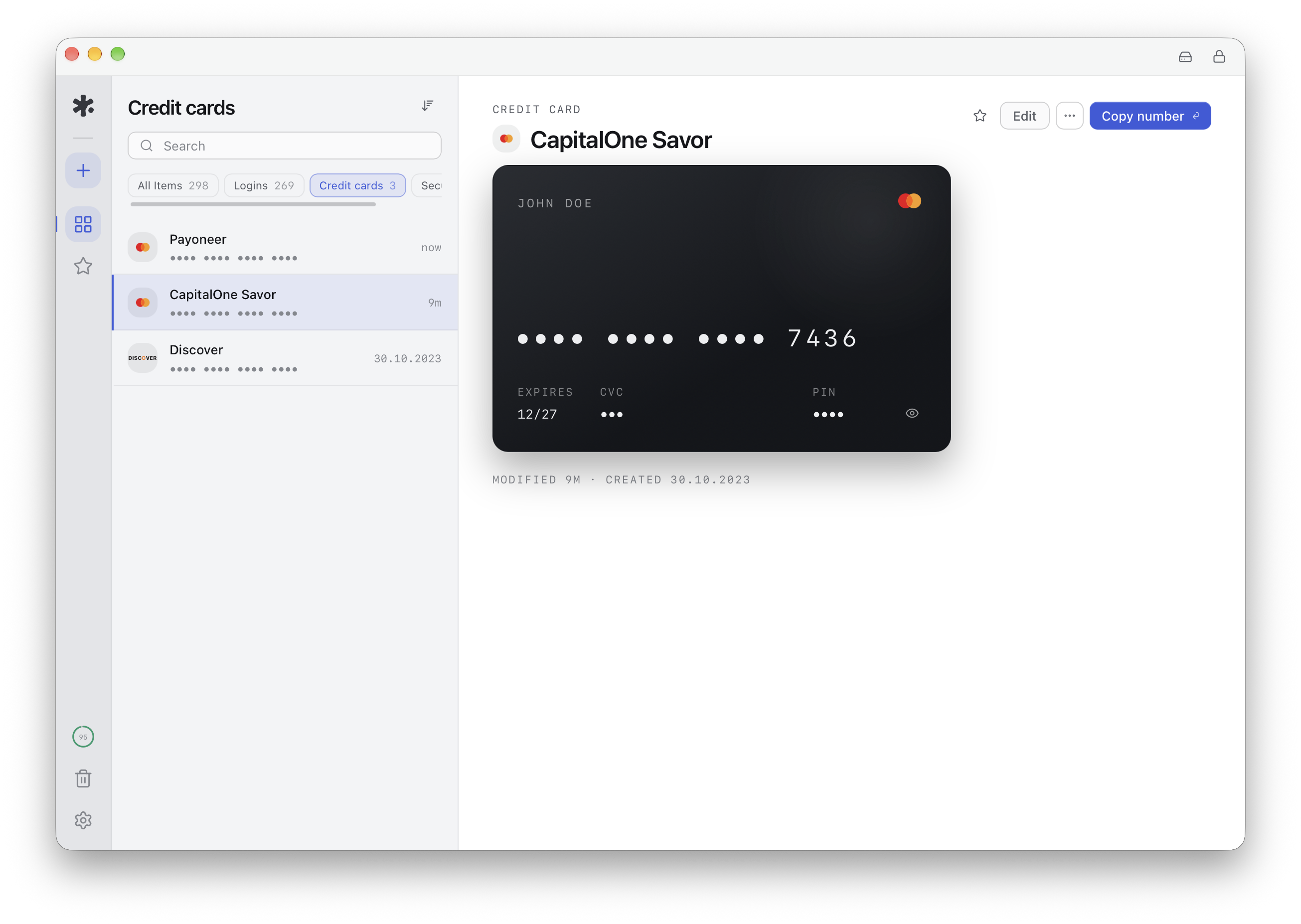 Rowel credit card view — card list and masked card details