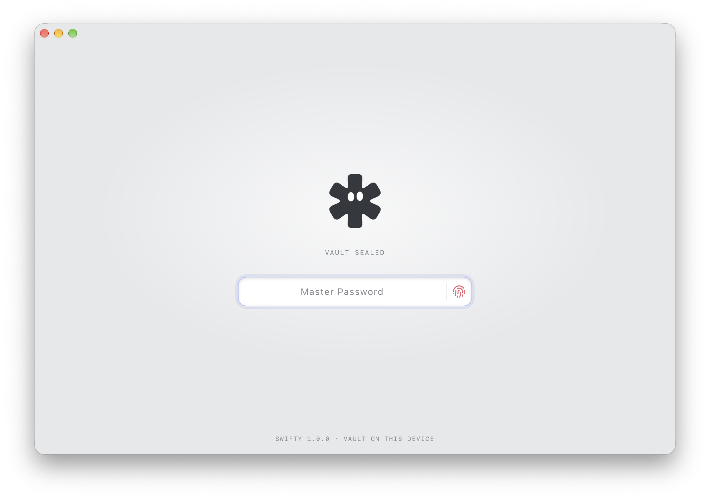 Rowel lock screen — vault sealed, master password prompt with Touch ID