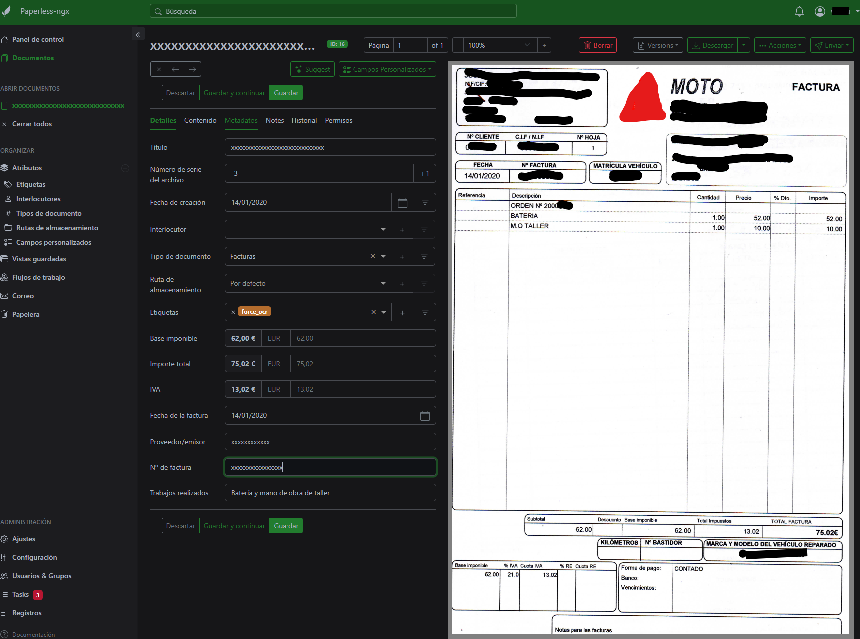 Document in Paperless with custom fields already filled in automatically by AIssist: vendor, amount, date