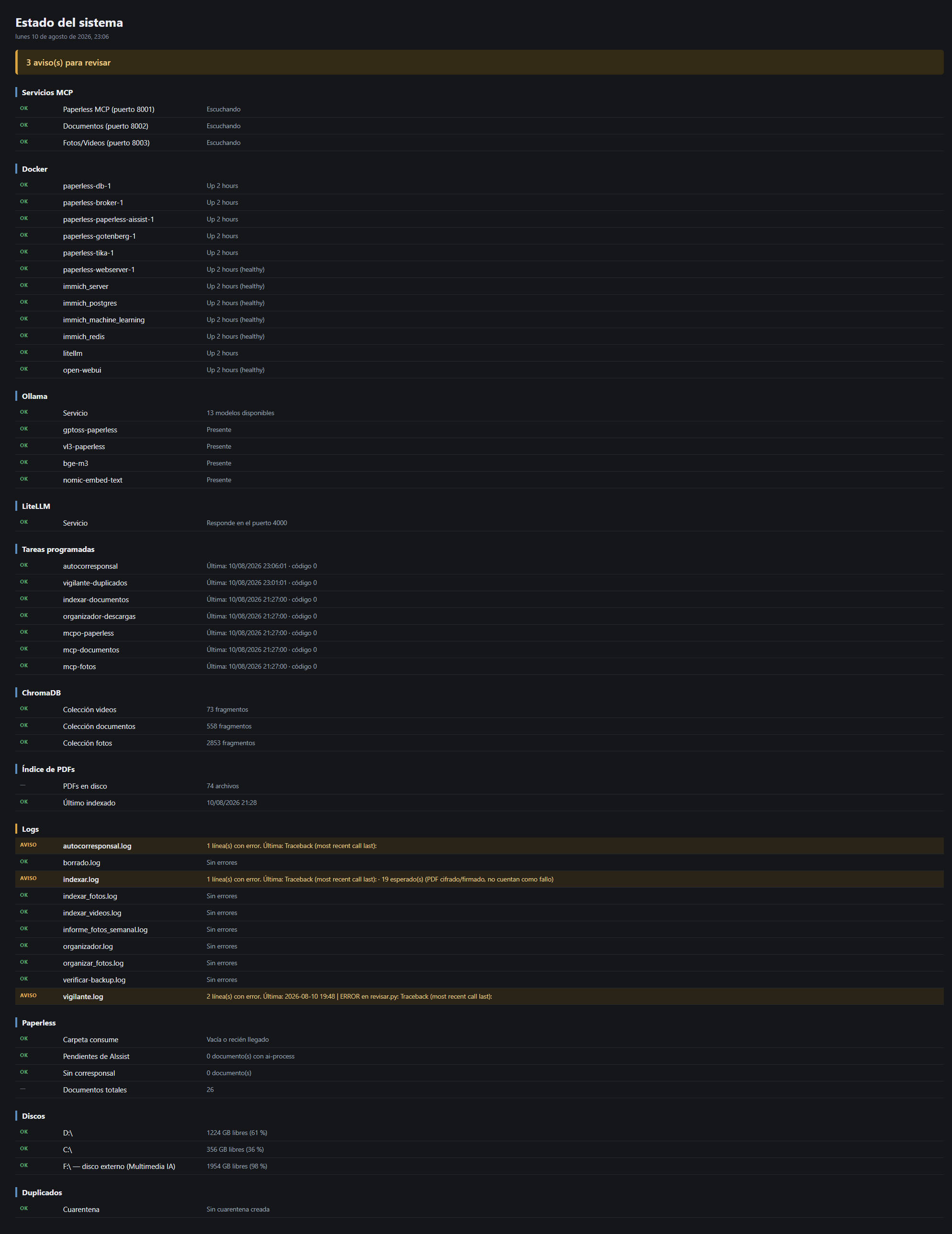 salud.html panel showing the status of mcpo ports, Docker containers and scheduled tasks