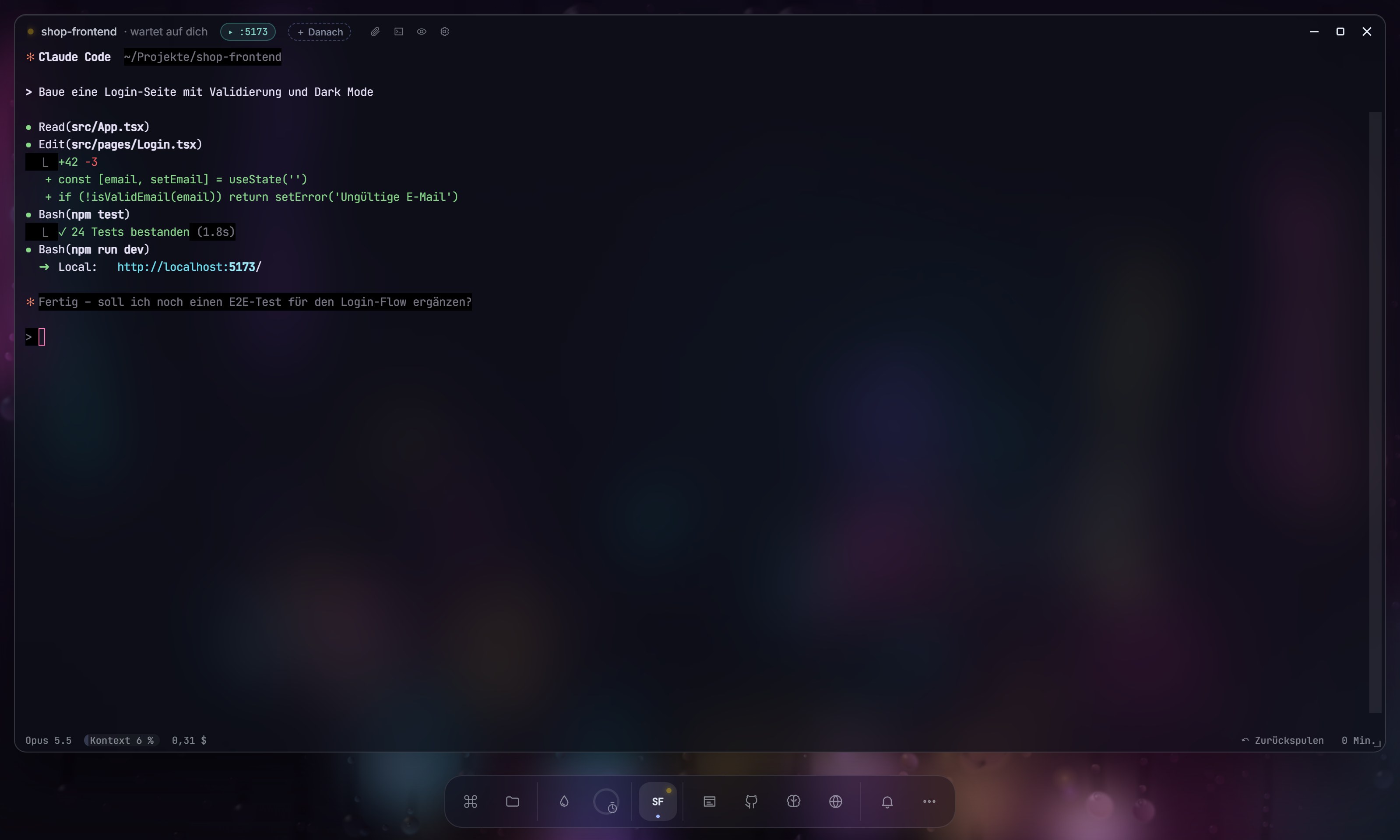 VibeDesk: one Claude Code session in front of a rainy window, with a small dock