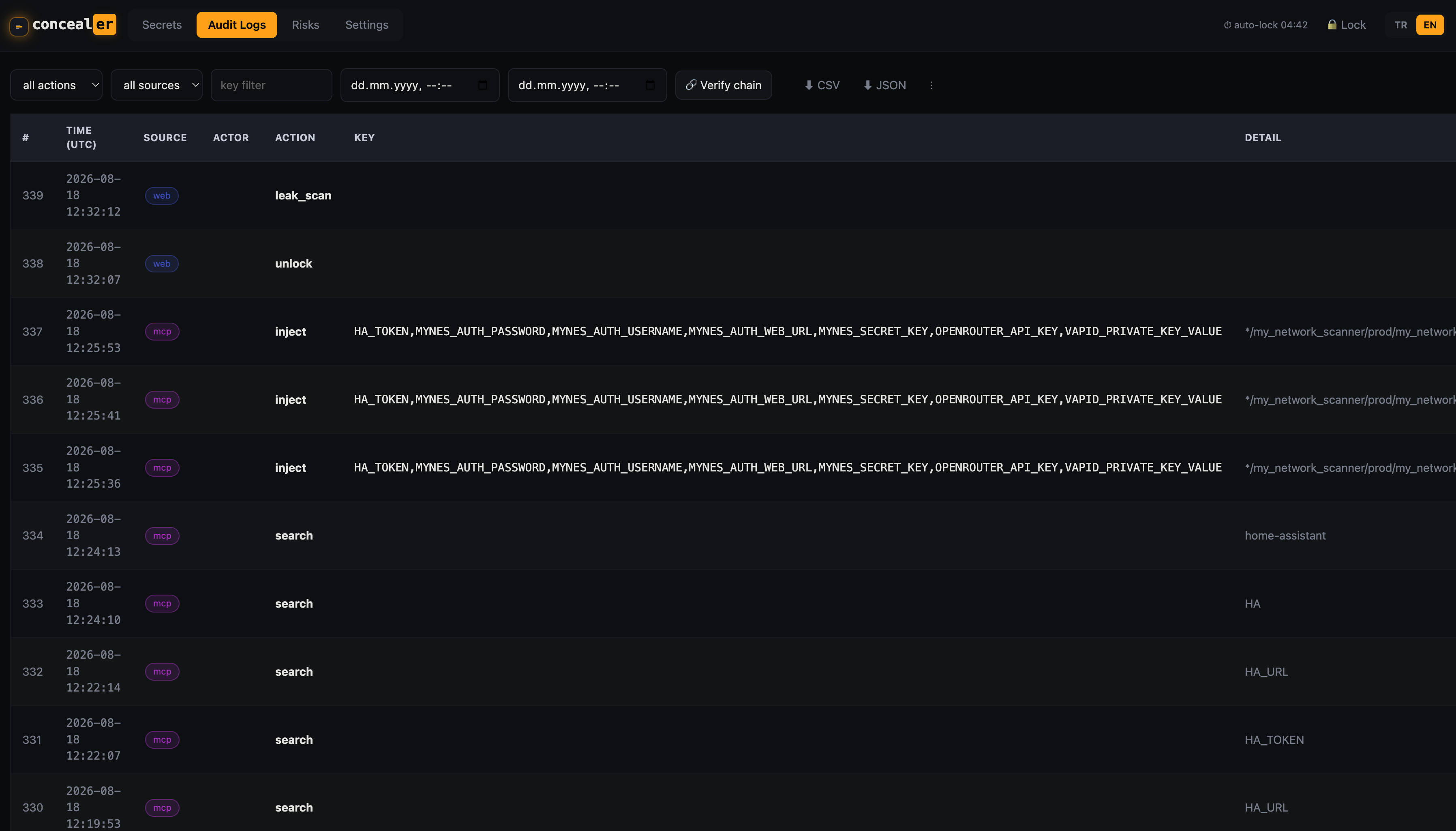 Tamper-evident audit log with chain verification