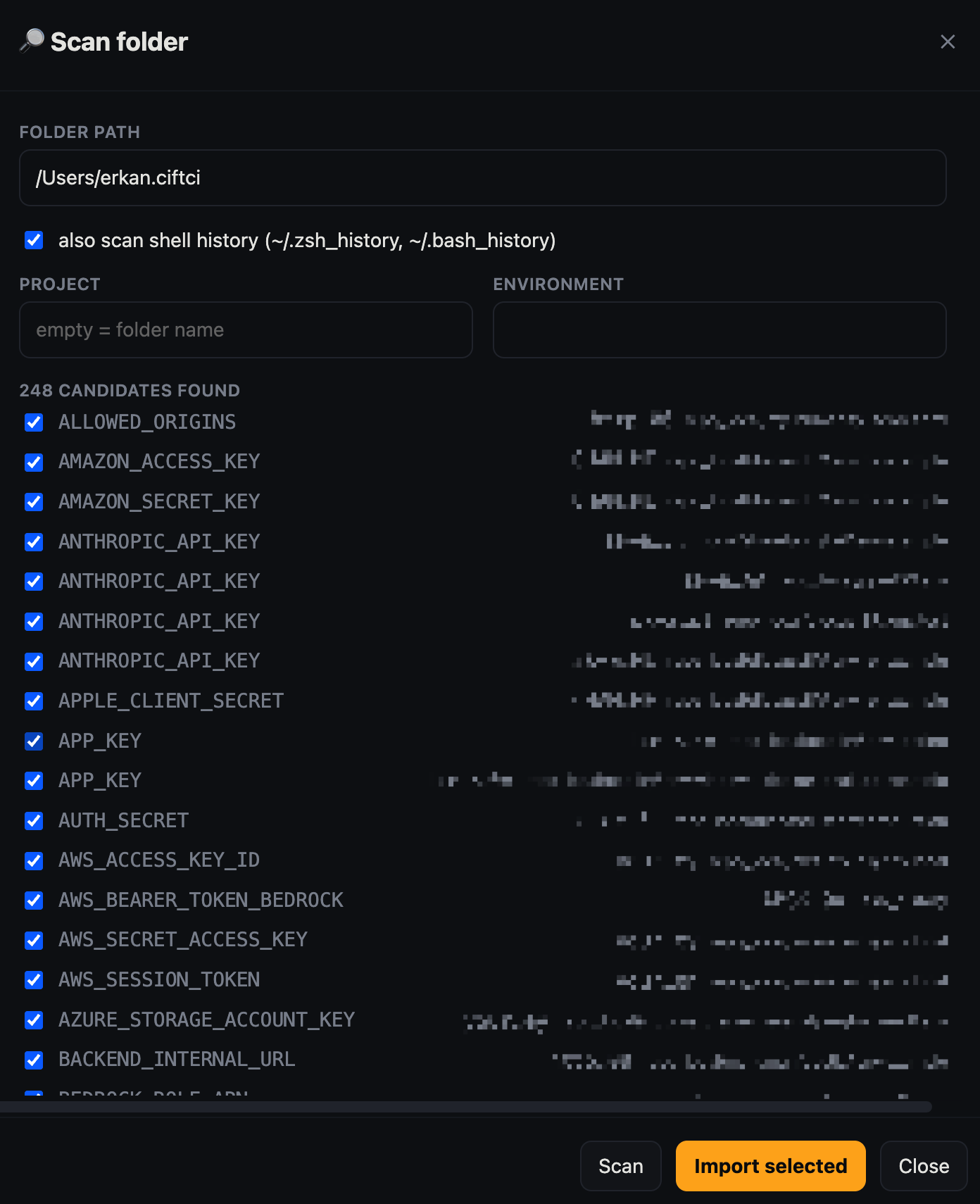 Scan a folder or shell history for leaked secrets