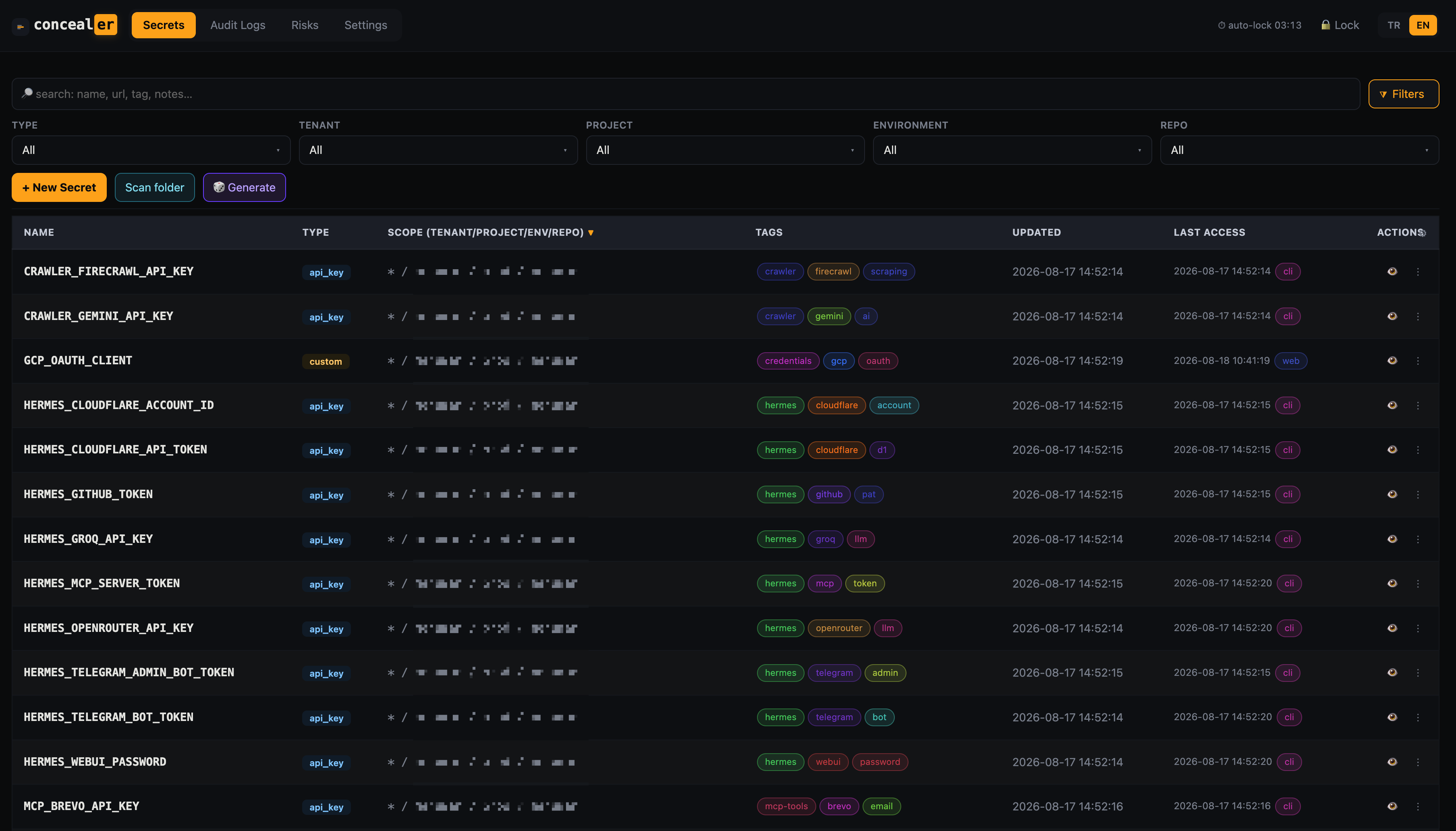 concealer Secrets — one searchable, scoped home for every credential across all your projects
