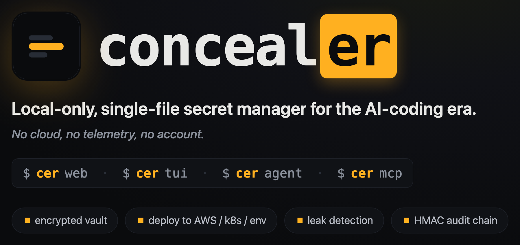 concealer — Local‑only, single‑file secret manager for the AI‑coding era