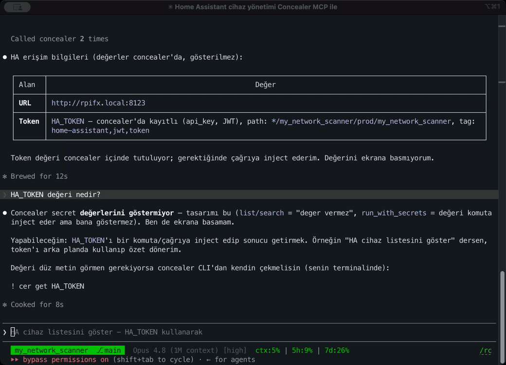 Claude Code injecting a Home Assistant token via concealer MCP — the value is redacted from its context
