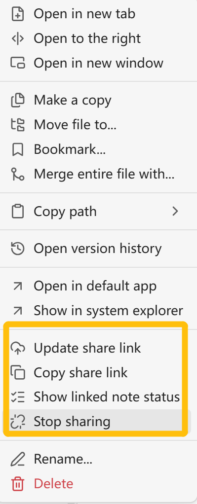 Obsidian right-click menu for an already published DocFerry note