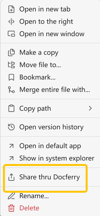 Obsidian right-click menu showing Share thru Docferry