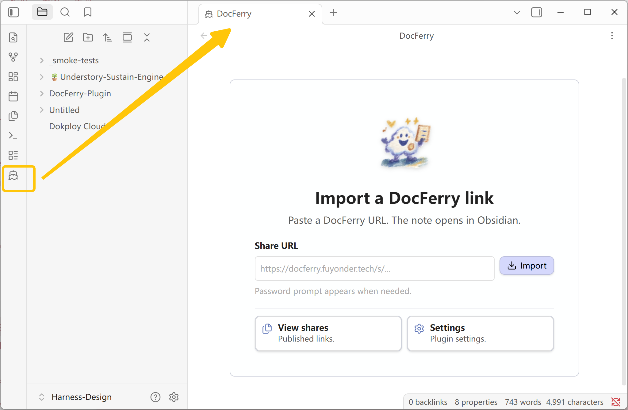 DocFerry ribbon view for importing a shared link into the current vault