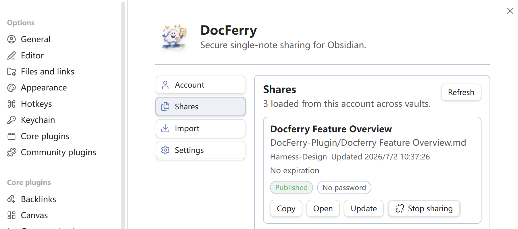 DocFerry settings page showing the Shares management section