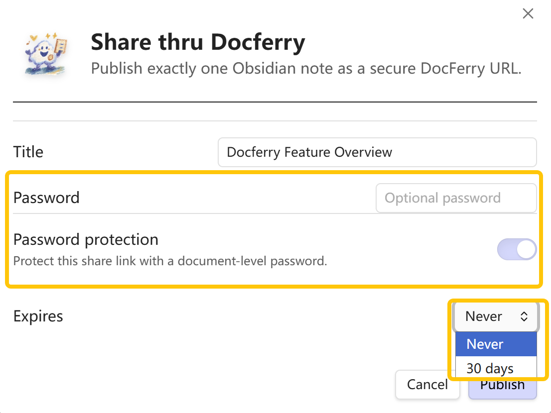 DocFerry publish dialog with password protection and expiration options