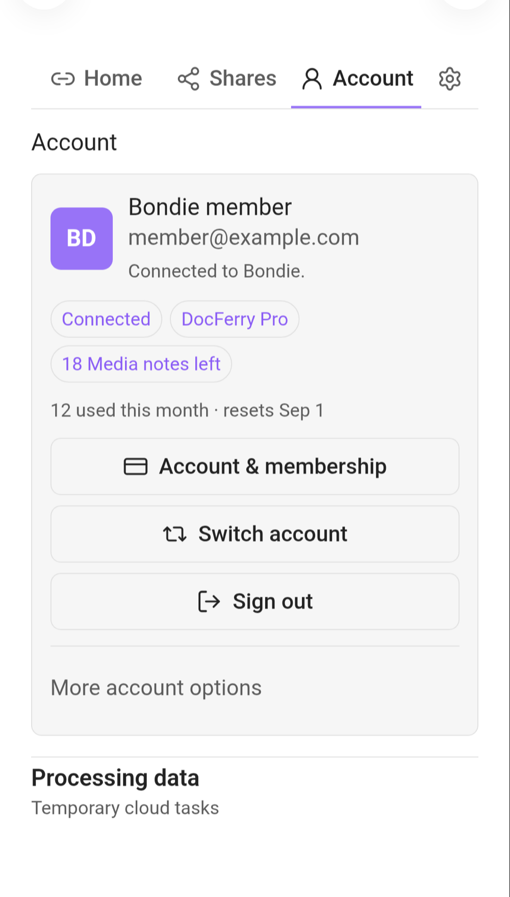 Account view with connection, membership, and usage status