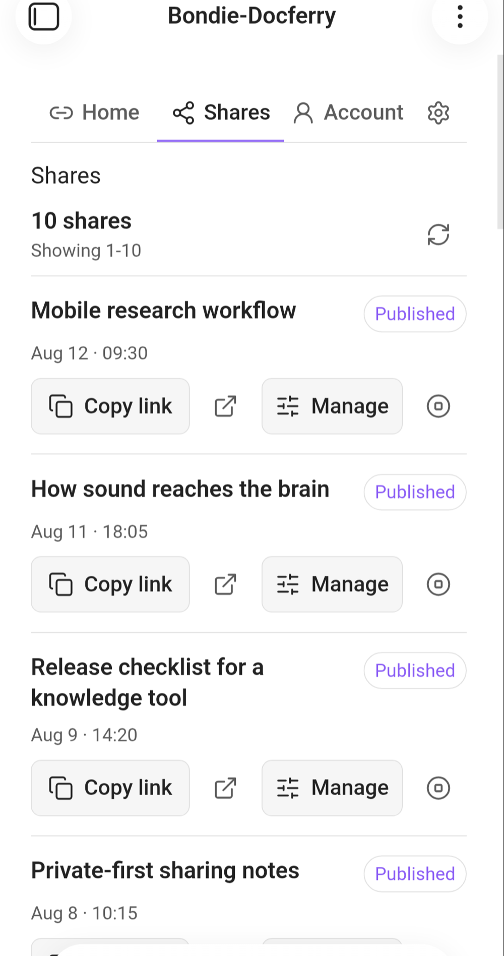 Paginated Shares view with copy and management actions