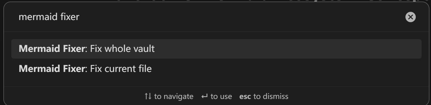 Mermaid Fixer commands in the Obsidian command palette