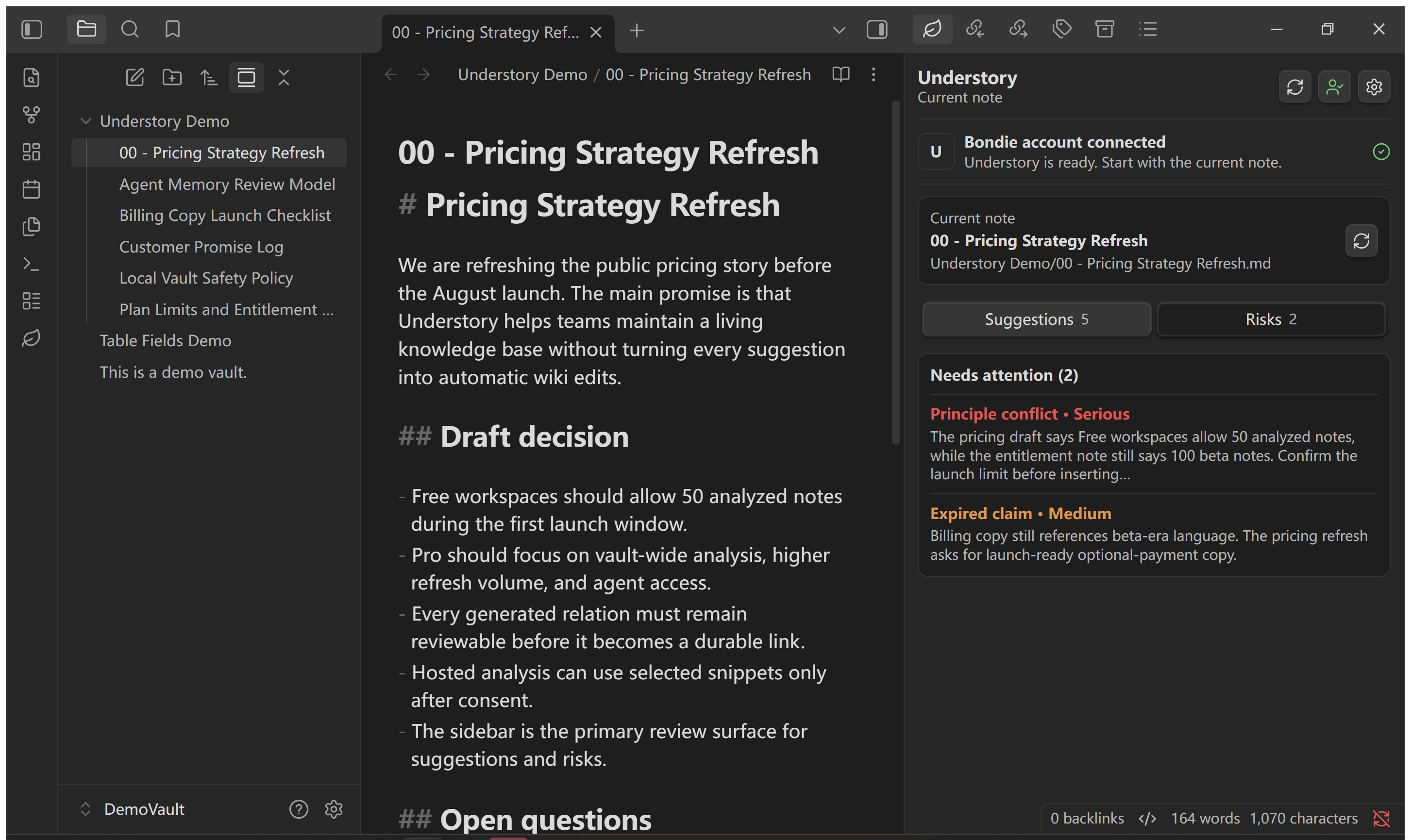 Understory Risks tab showing a plan-limit conflict and stale billing-copy claim