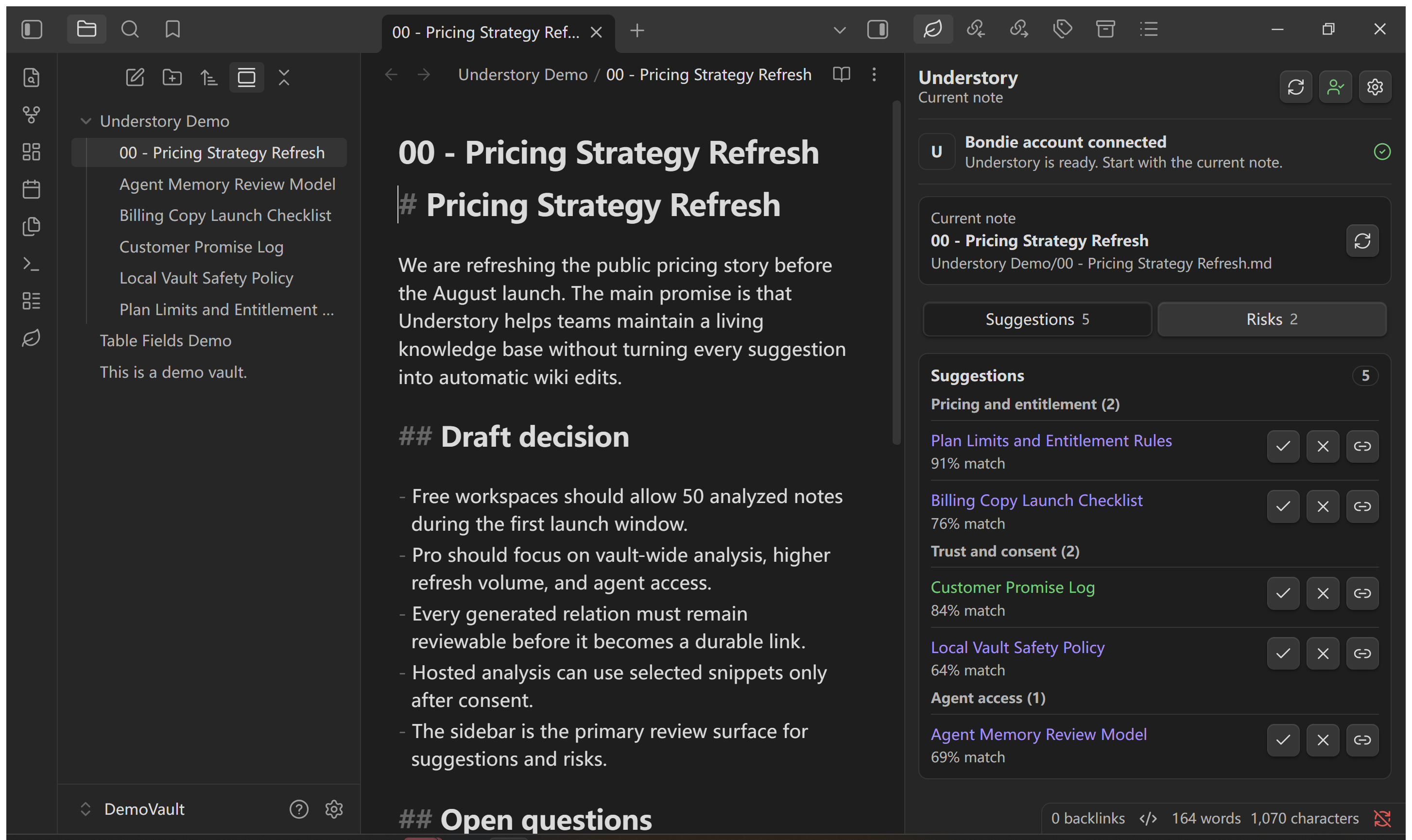 Understory sidebar showing grouped related-note suggestions in a DemoVault pricing note