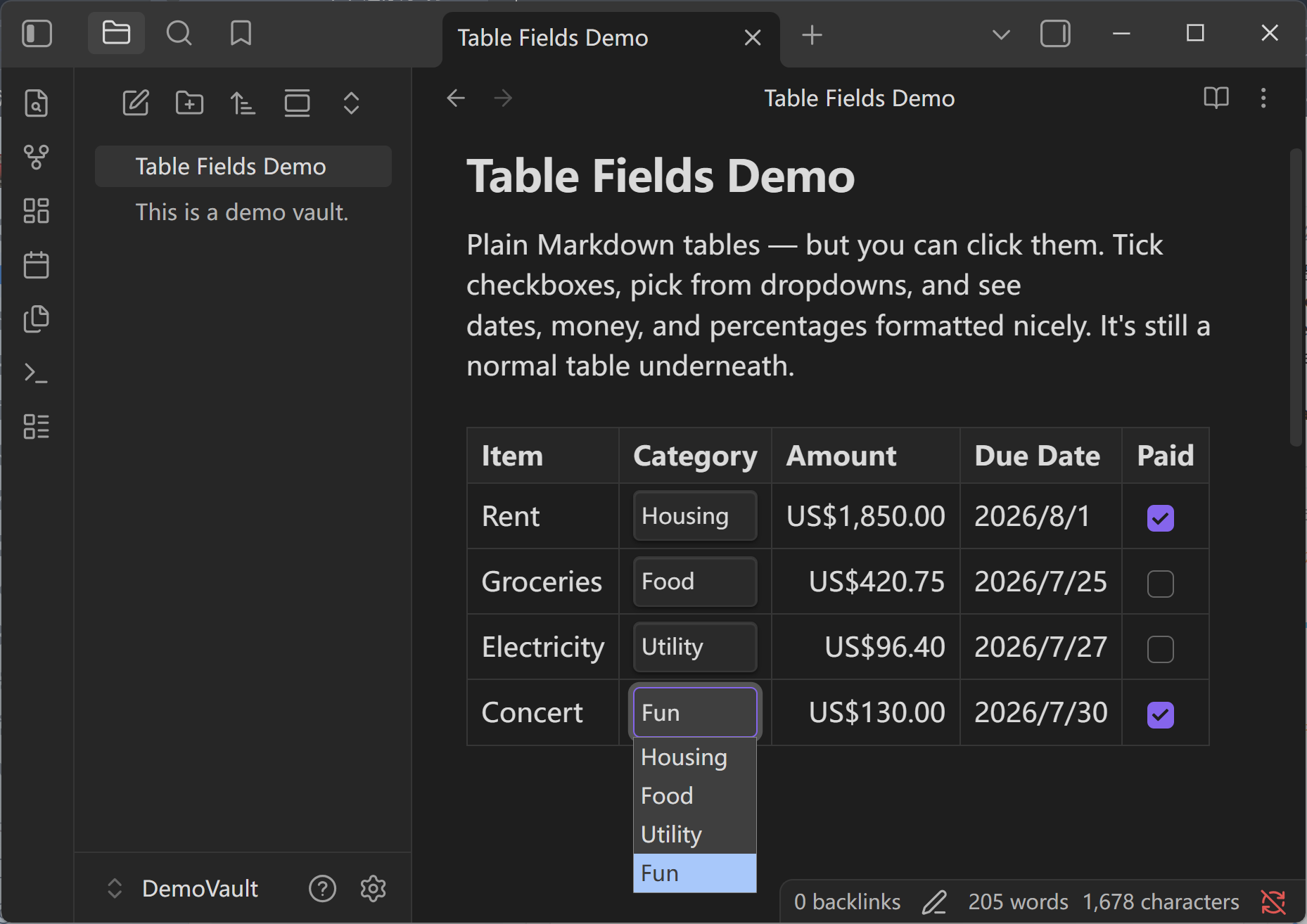 Dropdown fields keep table values consistent while dates, currency, and checkboxes stay readable.