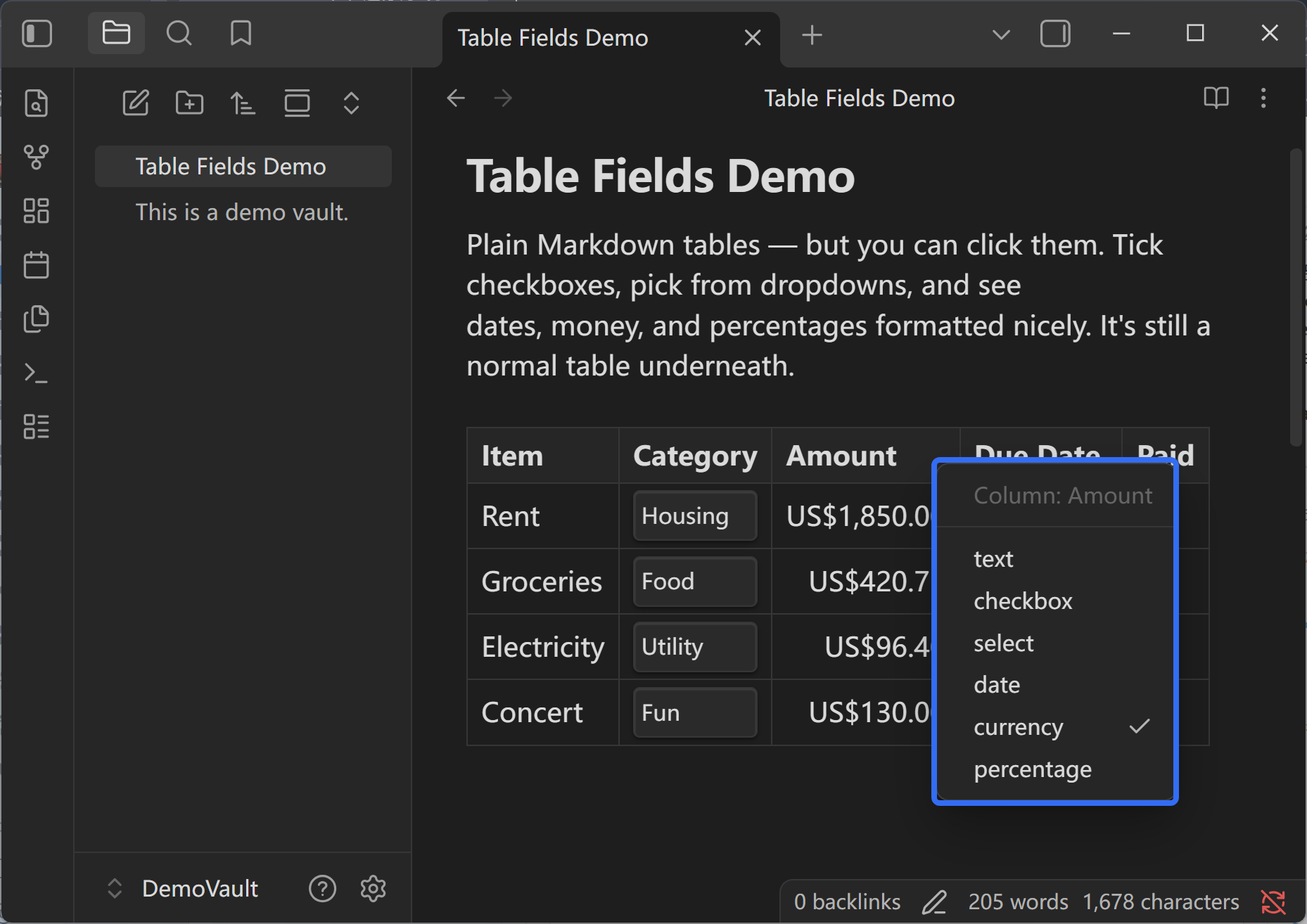 Right-click a column header to choose its Table Fields type.