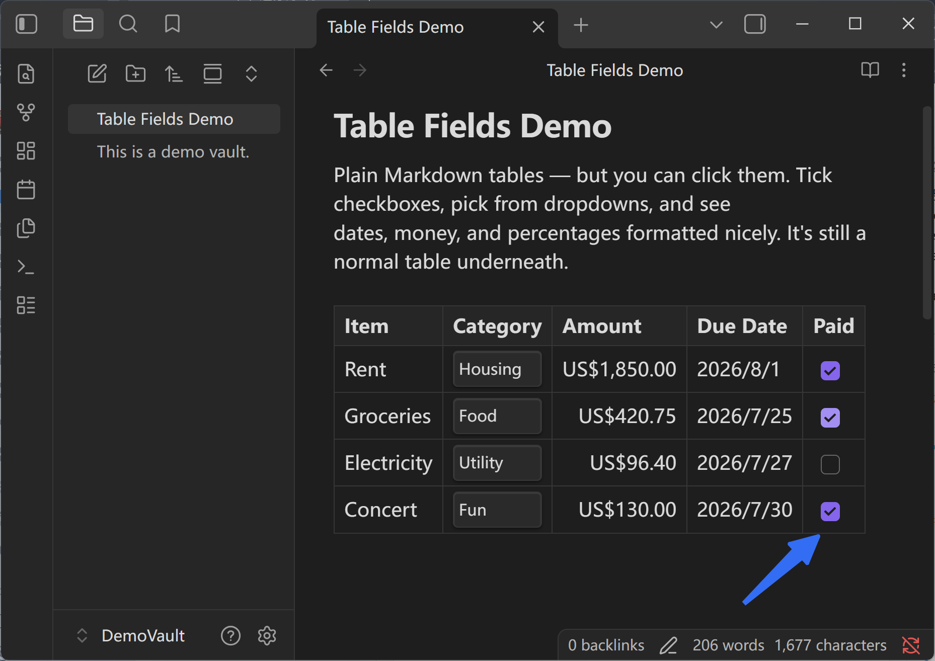 Checkbox fields can be ticked directly from the table, with the value saved back to Markdown.