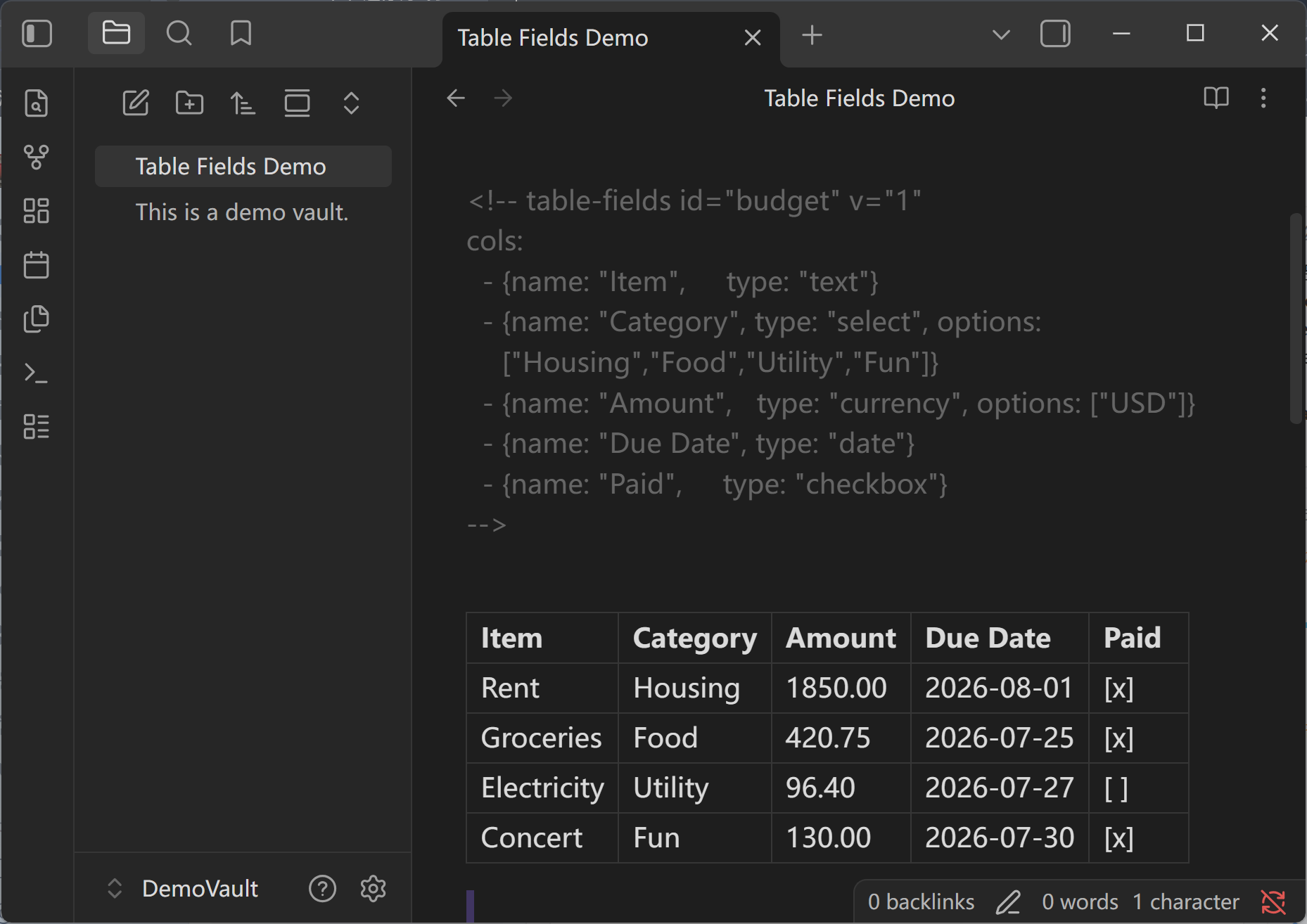 With Table Fields disabled, the note is still a Markdown table; display-only formatting such as the US$ currency prefix falls back to the stored plain number.