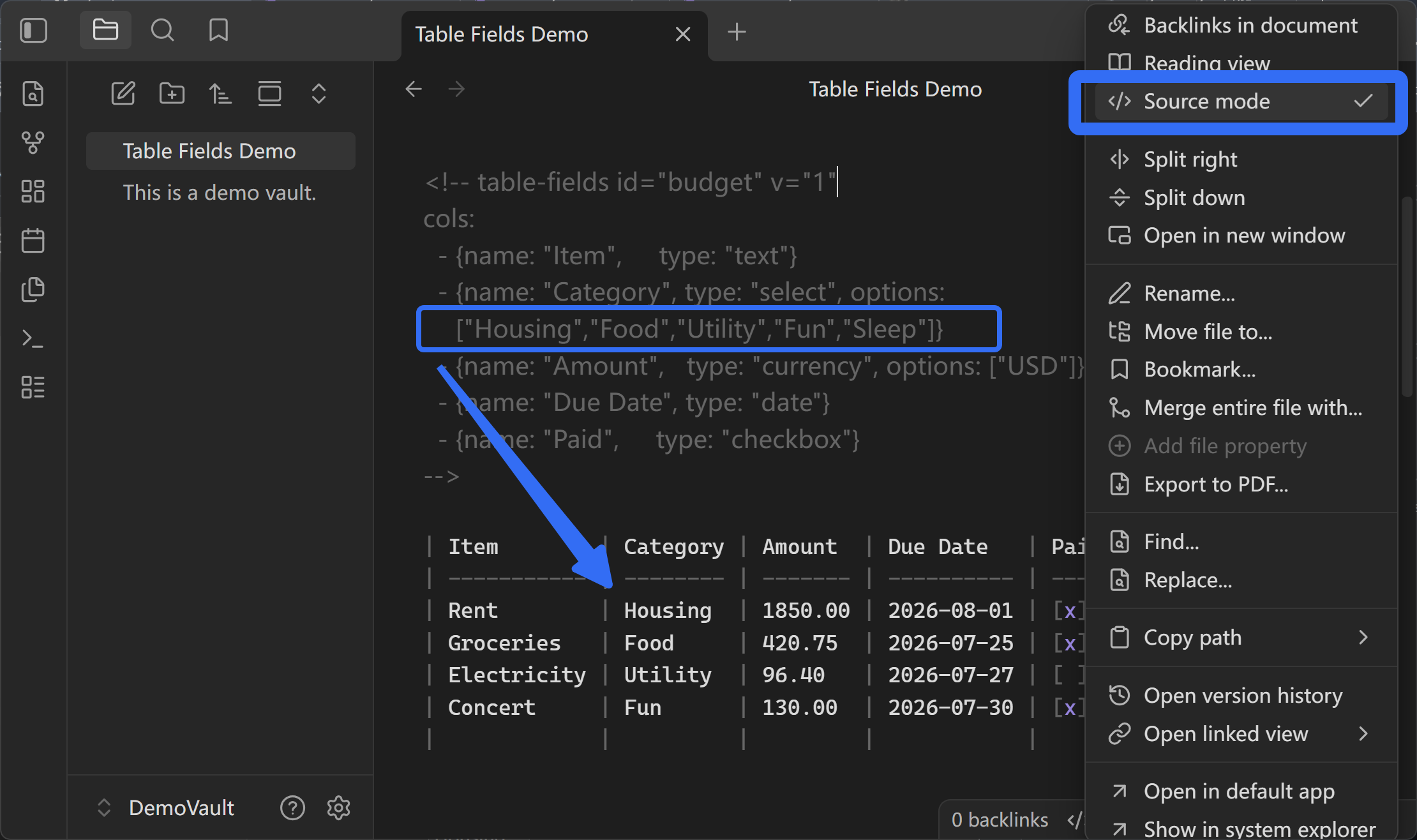 Edit dropdown choices in Source mode by changing the select column's options list.