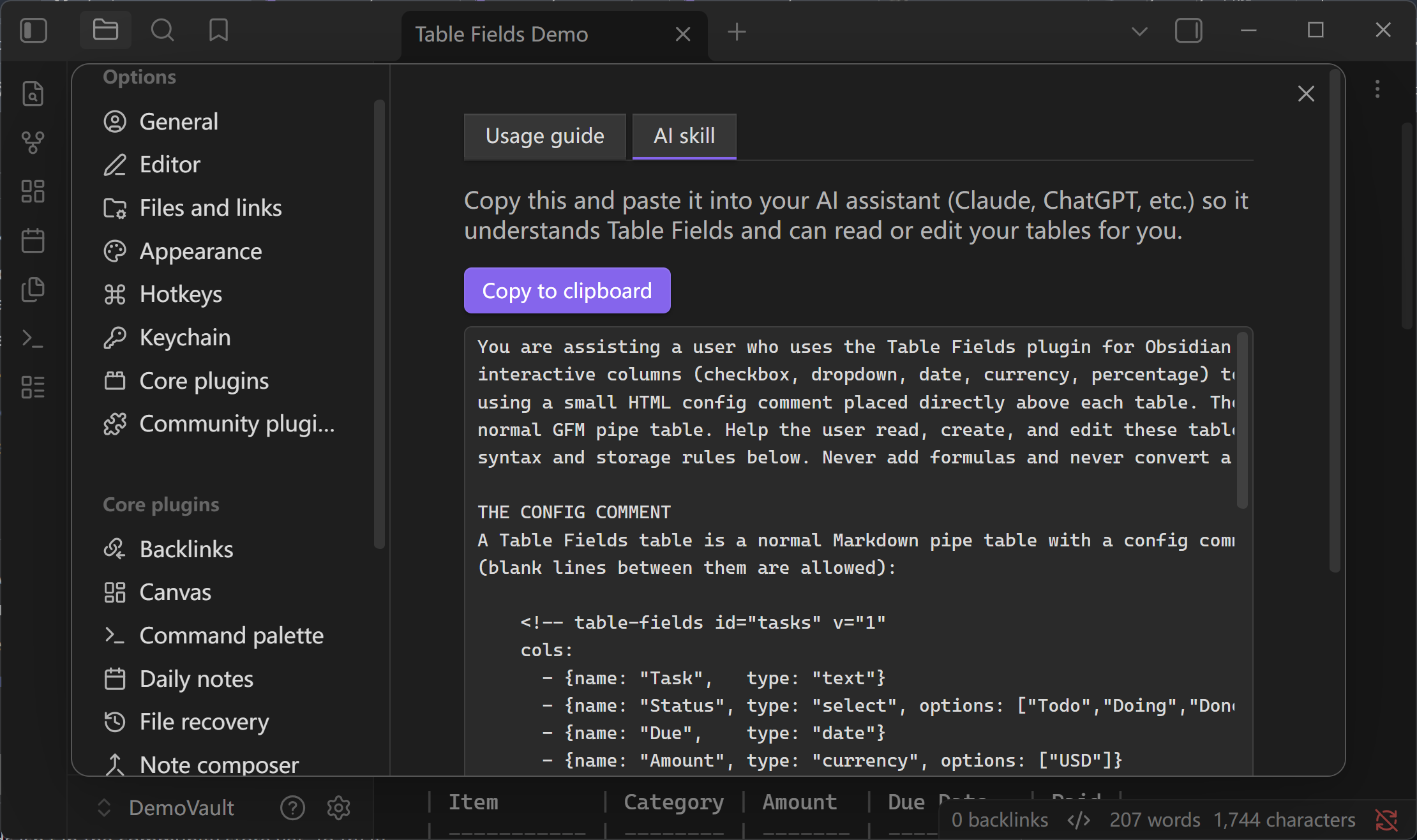 The AI skill tab in Table Fields settings, with a Copy to clipboard button and the ready-made prompt.