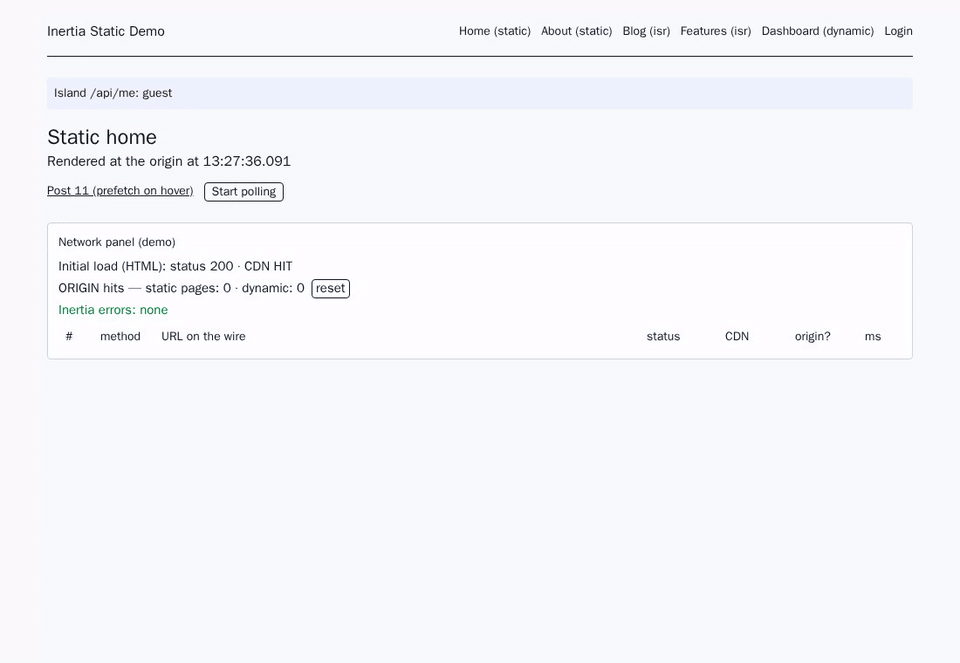 A visitor browsing the demo through Cloudflare: every page comes from the CDN (HIT), pages seen before are revalidated with a 304, none reaches the origin