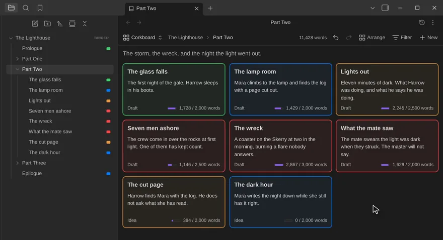 Binders screenshot — A scene card is dragged to the front of a novel