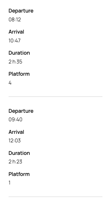 The same timetable on a phone, each row shown as a card with the column name in bold above each value.