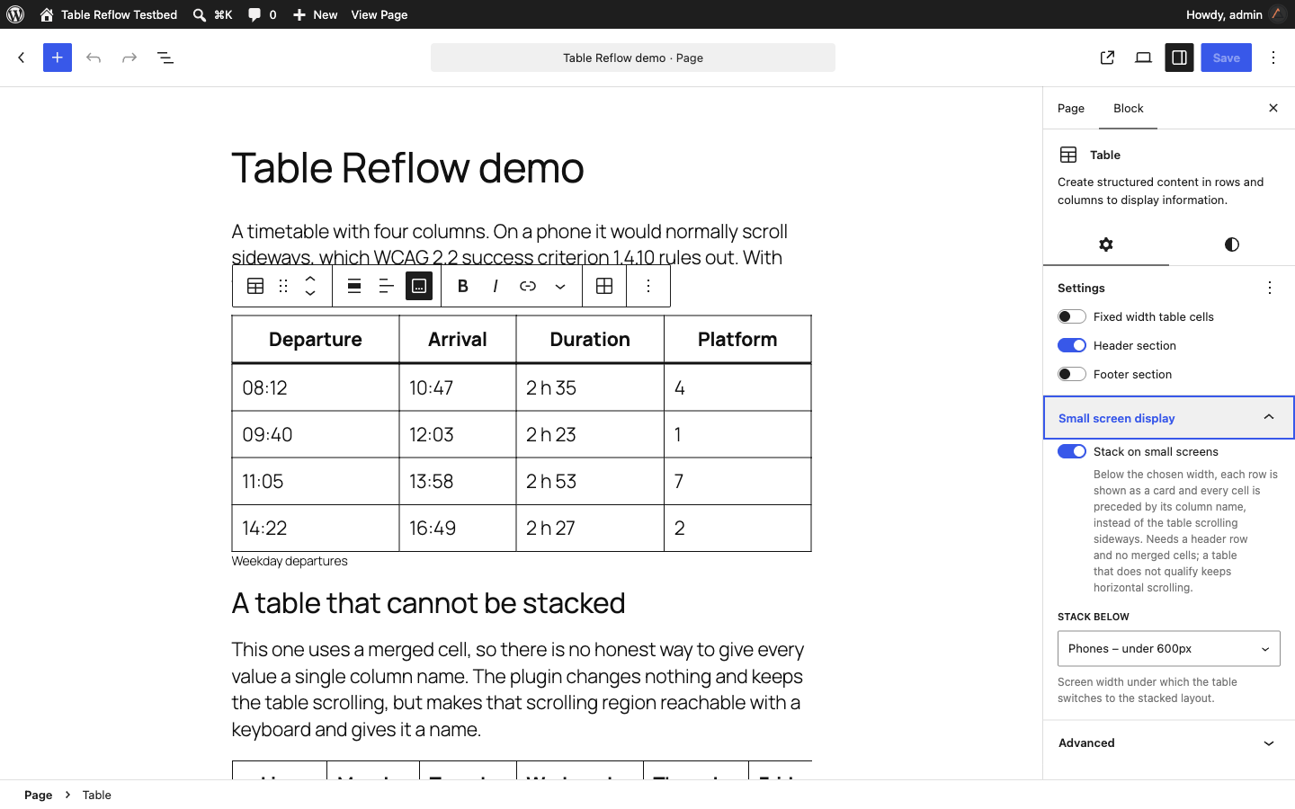 The block sidebar of the editor, showing a Small screen display panel with a Stack on small screens toggle turned on and a Stack below select set to Phones, under 600px.