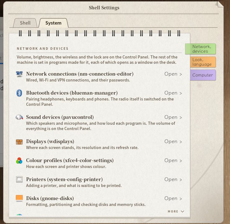 Shell Settings, System tab: each row names the program it opens